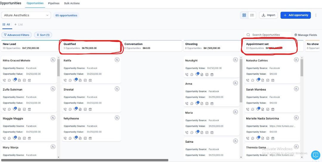 Detailed pipeline showing 65 opportunities with lead names, sources, and values